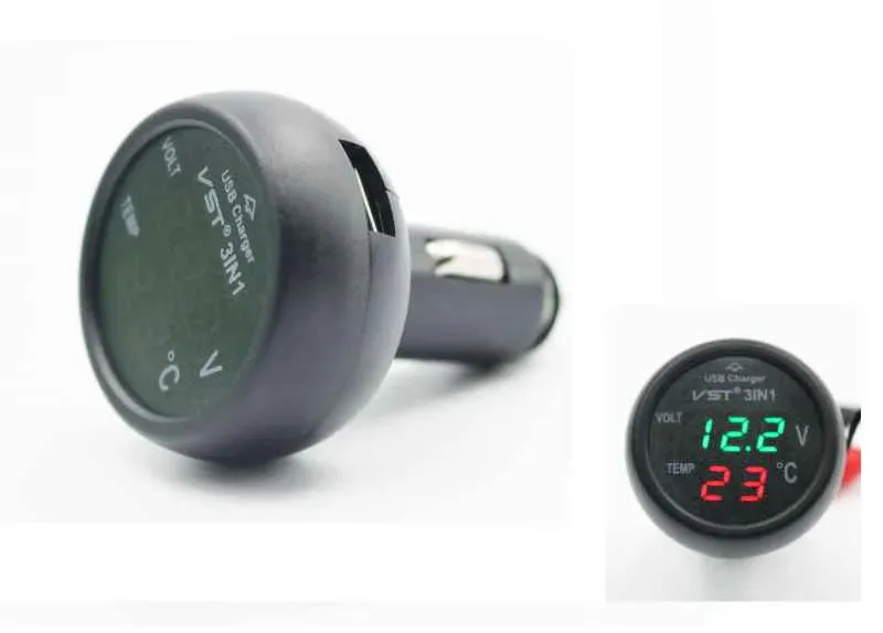 3 in 1 VST Digital LED Car USB Voltmeter Thermometer Auto Car USB Charger 12V\24V Cigarette Lighter