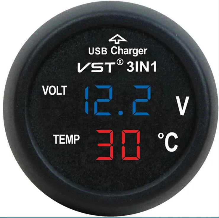 3 in 1 VST Digital LED Car USB Voltmeter Thermometer Auto Car USB Charger 12V\24V Cigarette Lighter