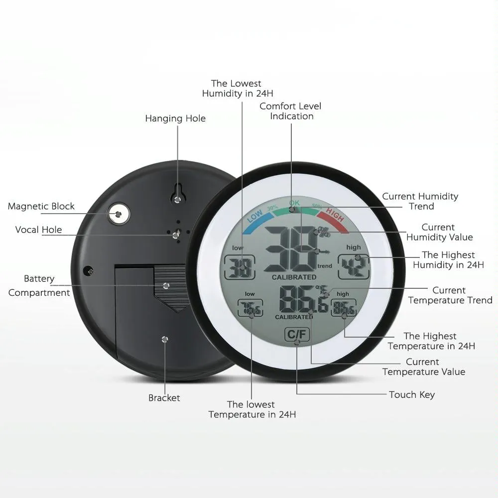 Digital Thermometer Hygrometer Multifunctional Trend Display C / F Unit