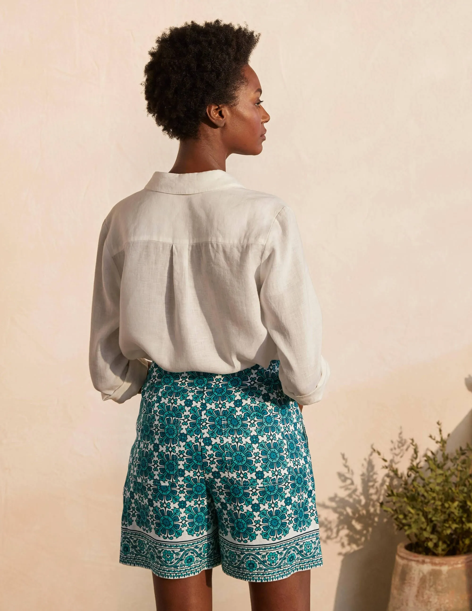 Georgina Linen Shorts-Indian Ocean, Flora Tile