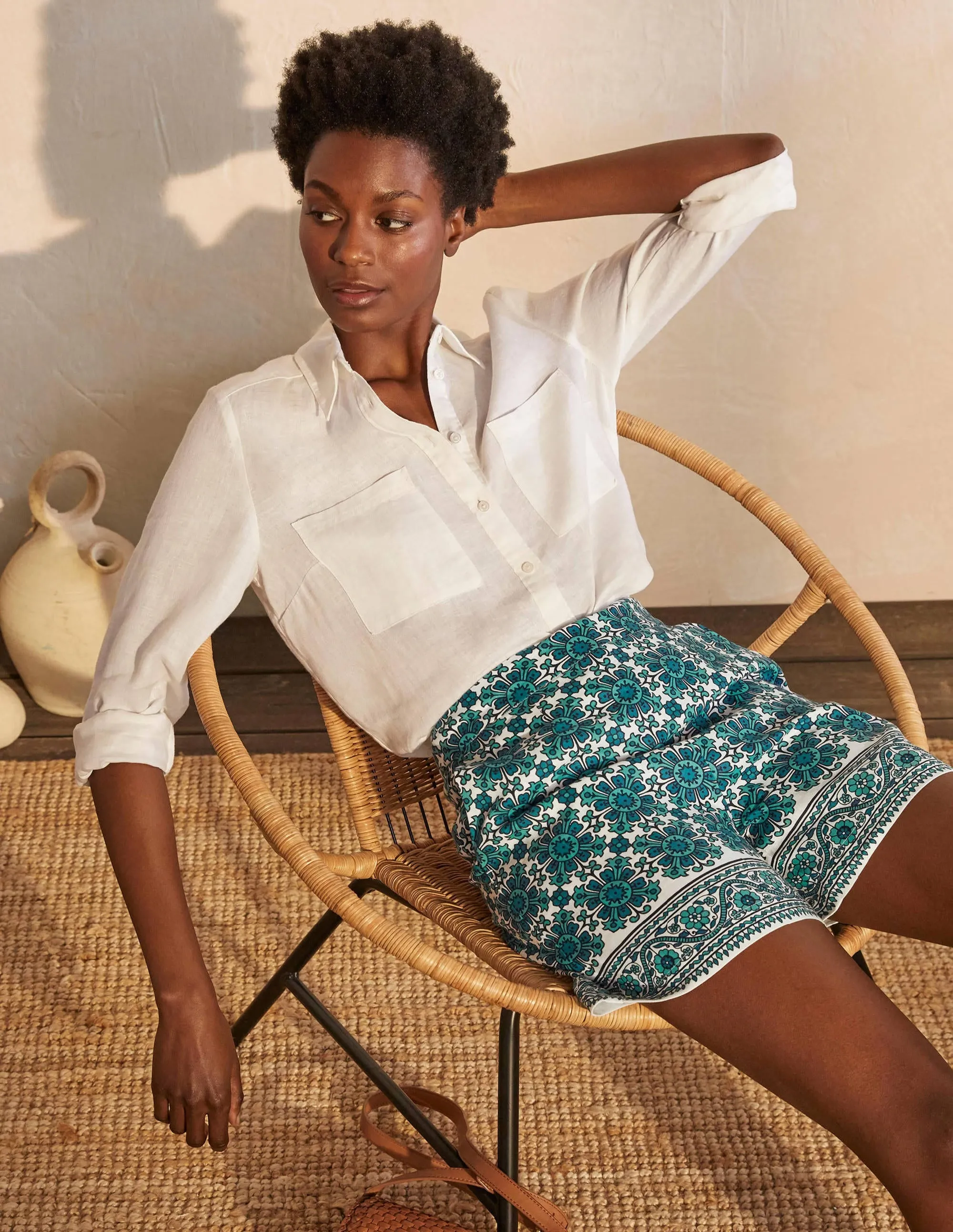 Georgina Linen Shorts-Indian Ocean, Flora Tile