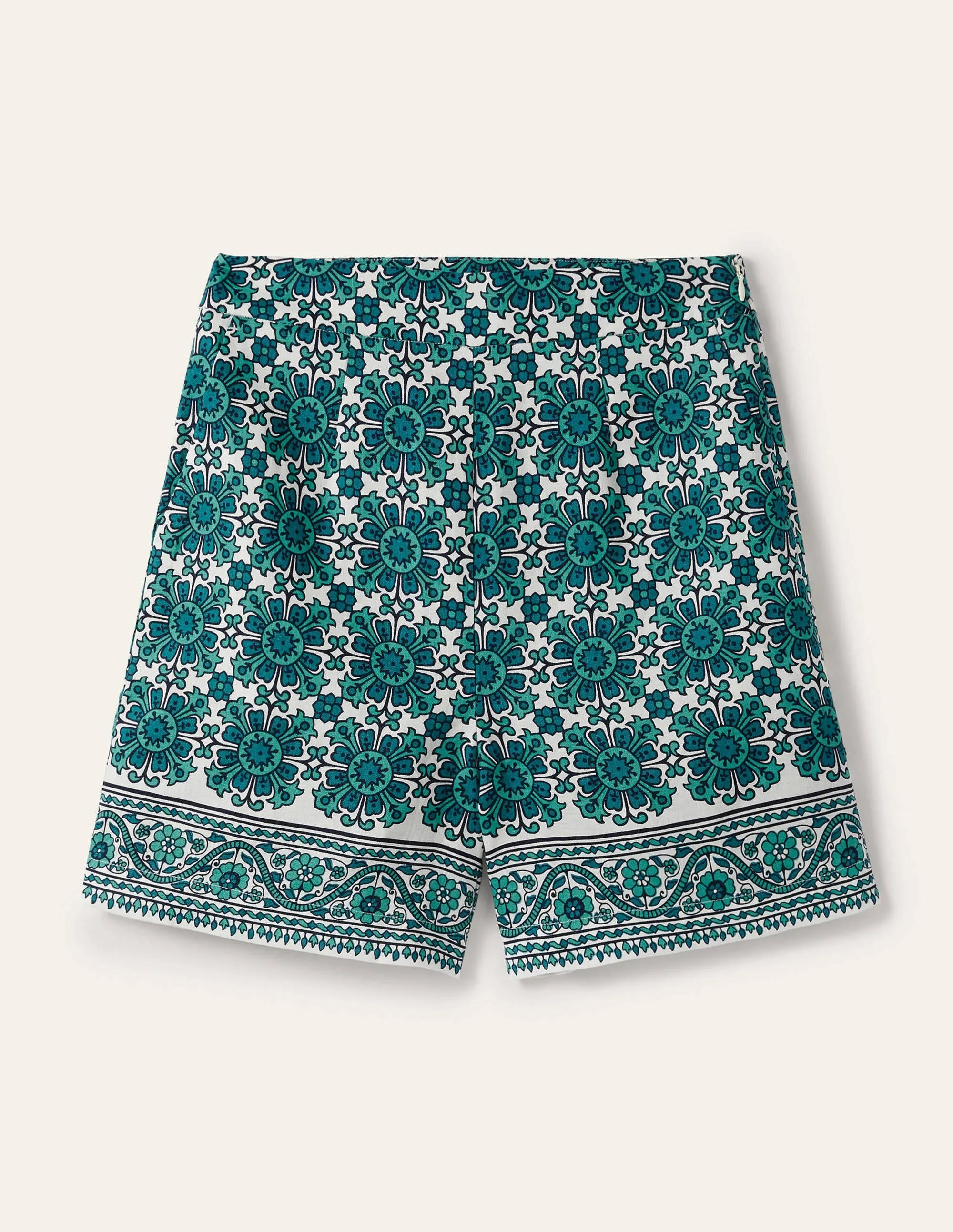 Georgina Linen Shorts-Indian Ocean, Flora Tile