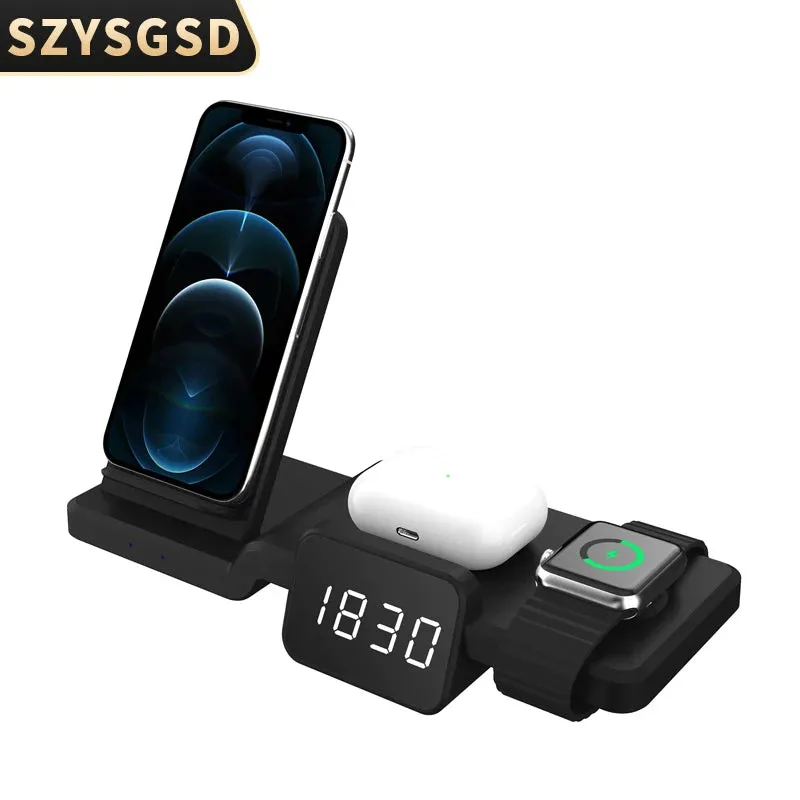 LED Electric Alarm Clock Digital Thermometer Clock Date 15W Wireless Charger Stand for iPhone and Watch Charger 4in1 3 in 1