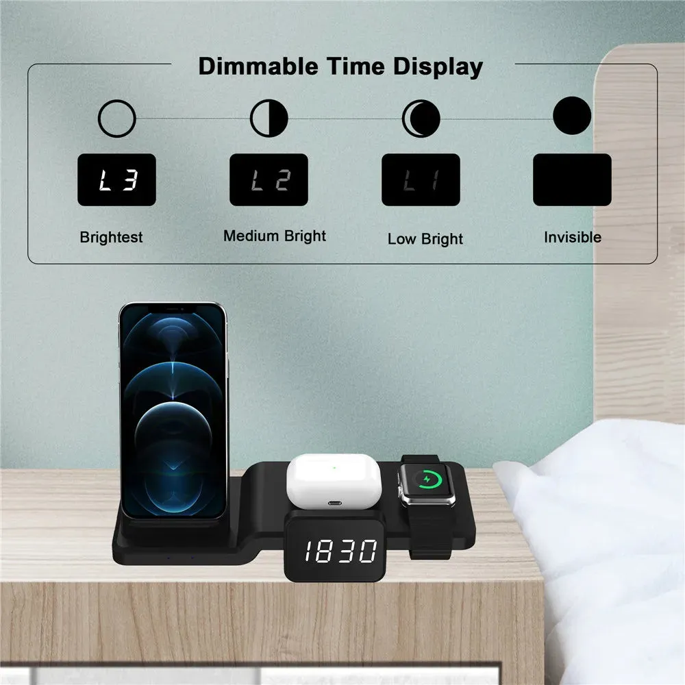LED Electric Alarm Clock Digital Thermometer Clock Date 15W Wireless Charger Stand for iPhone and Watch Charger 4in1 3 in 1