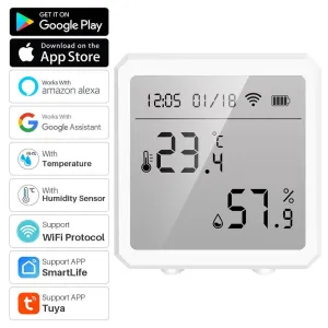 Temperature Humidity Sensor Indoor Hygrometer Thermometer Detector  Remote Control Support Alexa Google Home