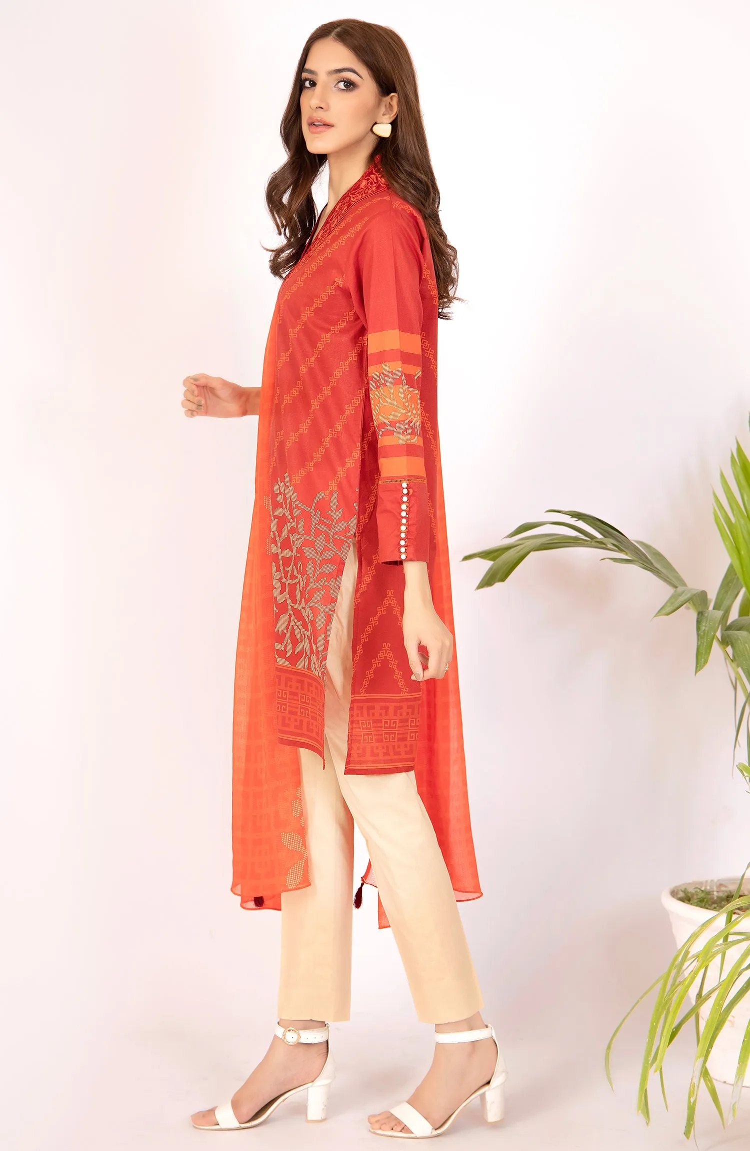 Unstitched 2 Piece Printed Cambric Shirt and Chiffon Dupatta (NRDS-22-058/U RED)